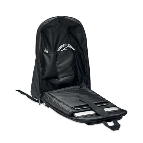 Sac à dos noir rPET 600D ouvert, montrant un compartiment rembourré pour ordinateur portable et des poches intérieures pour acce