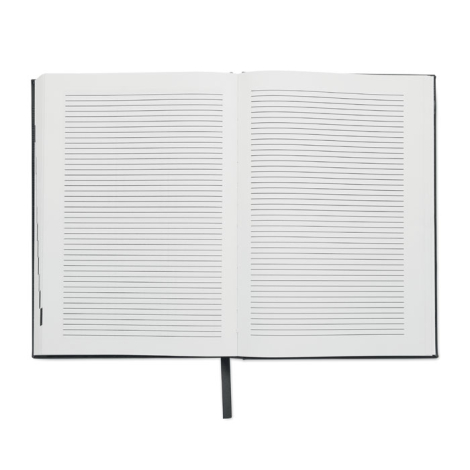 Agenda A5 ouvert laissant apparaître les pages lignées intérieures et le signet central, sans personnalisation visible.