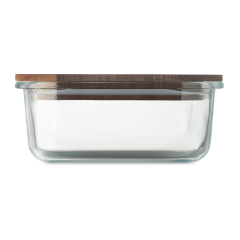 Lunch box en verre transparente vue de profil avec couvercle en bois fermé, sans personnalisation visible.