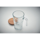 Mug en verre transparent vu du dessus avec couvercle en bois placé à côté, sans personnalisation visible.