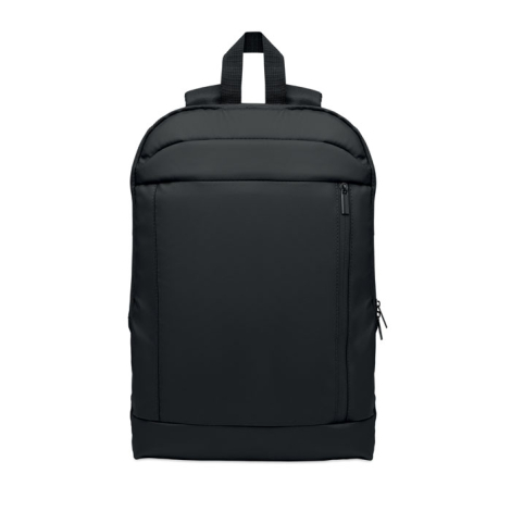Sac à dos noir rPET présenté de face avec large poche frontale zippée, sans personnalisation visible.