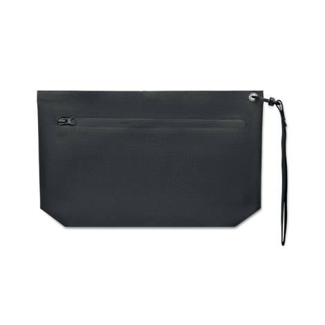 Pochette noire en rPET vue de dos à plat, sans personnalisation visible.