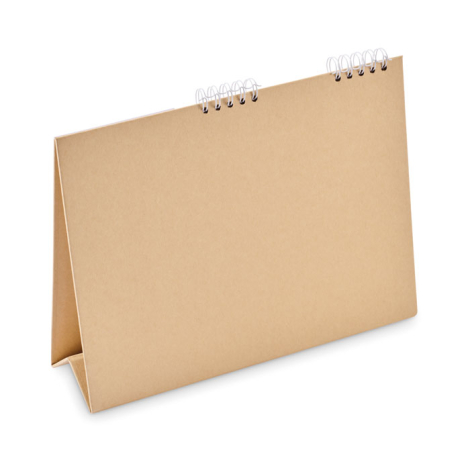 Calendrier de bureau en carton recyclé vu de l’arrière avec surface plane, sans personnalisation visible.