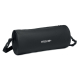 Sac de sport cylindrique noir en rPET avec fermeture zippée sur le dessus et logo blanc imprimé sur le côté, marquage visible.