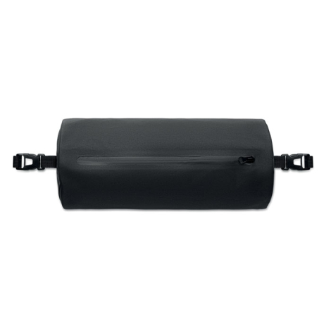Sac de sport noir en rPET vu de dessus avec fermeture zippée centrale et attaches latérales, sans personnalisation visible.