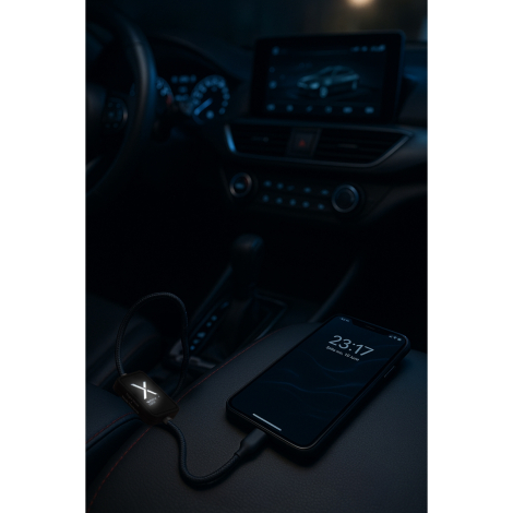 Câble branché dans une voiture, module central lumineux et smartphone affichant l’heure, marquage visible sur le module.