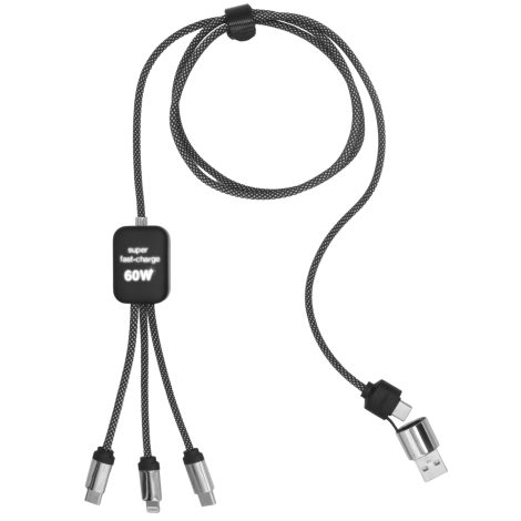 Câble noir tressé vu de dessus avec module central lumineux affichant une mention technique, marquage visible
