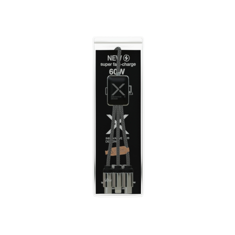 Câble présenté dans un emballage transparent vertical laissant apparaître le module central et les embouts métalliques, marquage