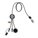 Câble noir avec connecteur USB, module central rond lumineux et trois embouts (USB-C, Lightning, connecteur rond) ; marquage vis