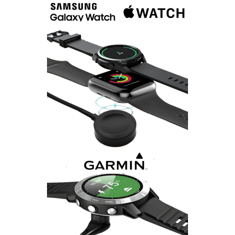 Trois montres connectées (Samsung, Apple, Garmin) à côté d’un câble noir et de ses embouts dédiés.