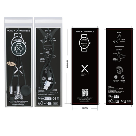 Packaging transparent montrant le câble et son module rond, avec vues avant et arrière de l’emballage ; marquage visible à trave