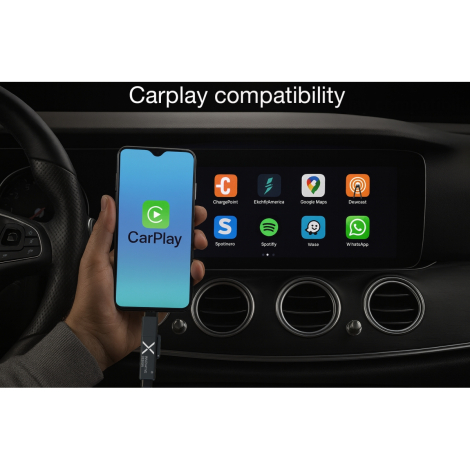 Smartphone relié à l’interface CarPlay dans une voiture via un câble blanc à connecteur noir, marquage visible sur le connecteur
