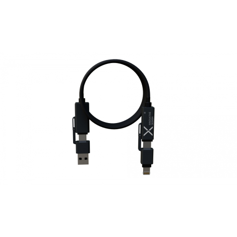 Câble noir formant une boucle avec embouts USB et Lightning et connecteurs rectangulaires gris ; marquage visible sur les connec