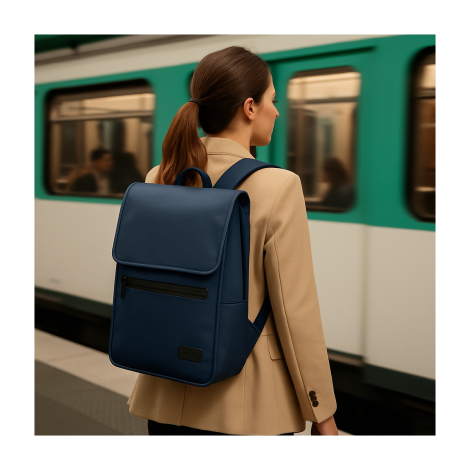 Mise en situation : une femme porte le sac à dos bleu marine dans une station de métro.