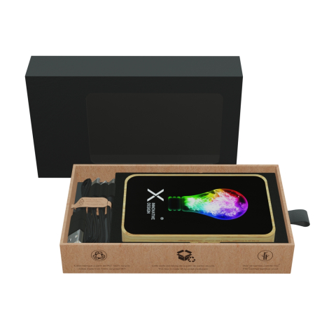 Coffret en carton ouvert contenant une batterie rectangulaire aux bords arrondis, surface noire et bordure en bambou, avec câble