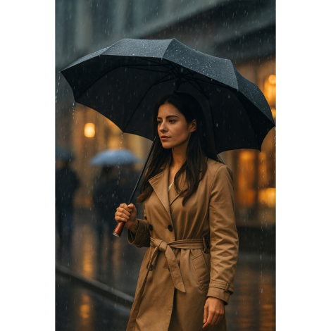 Personne sous la pluie tenant un parapluie noir ouvert avec poignée en bois.