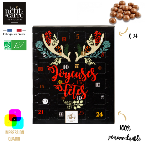 Calendrier de l’Avent noir avec décor hivernal et 24 cases numérotées.