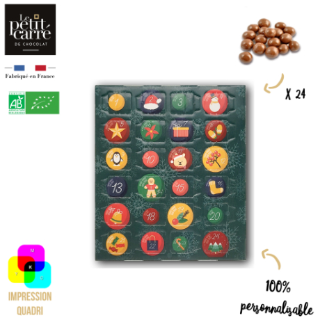 Calendrier de l’Avent grand format avec 24 cases et motifs de Noël sur fond vert.