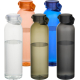 Ensemble de cinq bouteilles translucides 630 ml en blanc, orange, vert olive, bleu et gris, bouchons assortis.