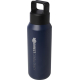 Bouteille isotherme bleue mate 600 ml avec couvercle noir et poignée intégrée, marquage visible sur la face avant.