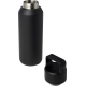 Bouteille isotherme noire 600 ml en acier recyclé avec couvercle noir amovible posé à côté.