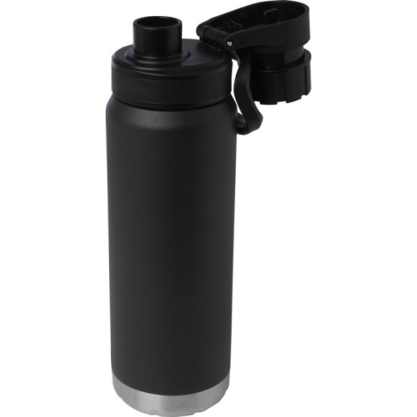 Bouteille isotherme noire 700 ml avec bouchon sport noir basculant ouvert.