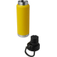 Bouteille isotherme jaune 700 ml en acier inoxydable avec bouchon noir à anse détachable posé à côté.