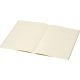 Carnet A5 ouvert, pages crème avec lignes horizontales espacées.