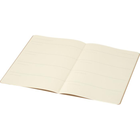 Carnet A5 ouvert, pages crème avec lignes horizontales espacées.