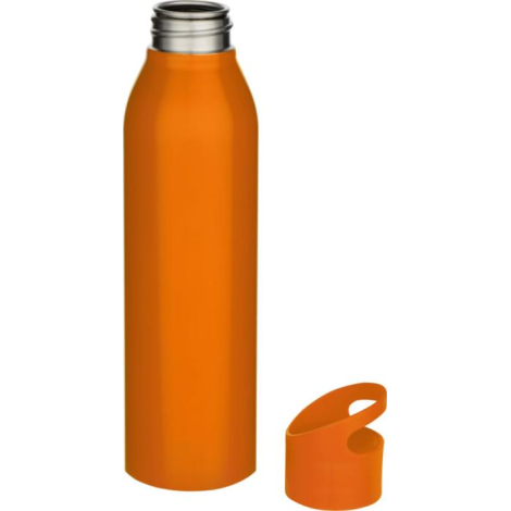 Bouteille d’eau orange 650 ml en inox recyclé avec bouchon assorti à anse intégrée posé à côté.