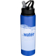 Bouteille d’eau bleue 800 ml avec bouchon noir à paille intégrée, marquage visible sur la face avant.
