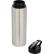 Bouteille d’eau argentée 800 ml avec bouchon noir et paille transparente posée à côté.