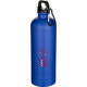 Bouteille d’eau bleue 750 ml avec bouchon noir et mousqueton métallique, marquage visible sur la face avant.