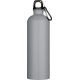 Bouteille d’eau grise 750 ml avec bouchon noir et mousqueton métallique attaché, vue de face.