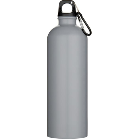 Bouteille d’eau grise 750 ml avec bouchon noir et mousqueton métallique attaché, vue de face.