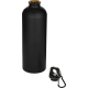 Bouteille d’eau noire 750 ml avec bouchon noir et mousqueton détaché posé à côté.