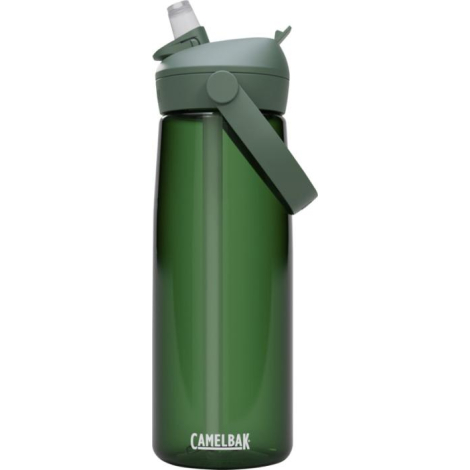 Bouteille d’eau verte translucide 750 ml avec bouchon assorti à clapet et anse latérale.