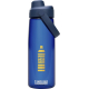 Bouteille d’eau bleue translucide 750 ml avec bouchon bleu foncé à vis et anse latérale, marquage visible sur la face avant.