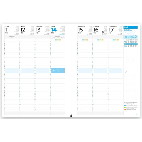 Double page intérieure d’un agenda grand format présentant la semaine de mai 2026 avec zones horaires et mentions de fêtes.