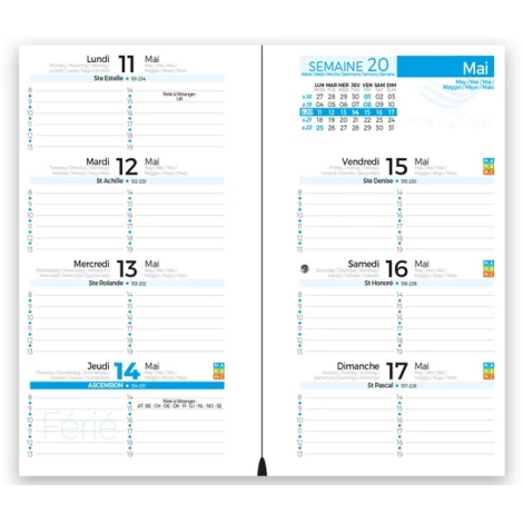 Double page intérieure d’un agenda petit format montrant une semaine de mai 2026 en colonnes journalières.