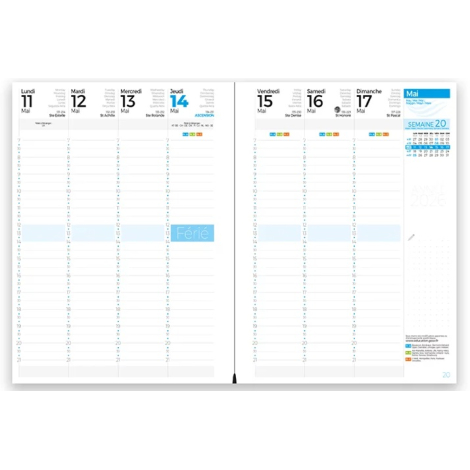 Double page intérieure d’un agenda petit format montrant une semaine de mai 2026 en colonnes journalières.