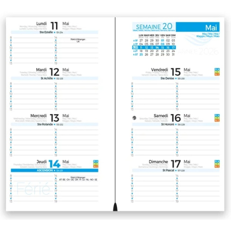 Double page intérieure d’un agenda grand format présentant la semaine de mai 2026 avec zones horaires et mentions de fêtes.