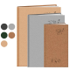 Trois agendas rigides marron, gris et beige côte à côte avec nuancier de six coloris ronds, marquage en relief visible sur les c