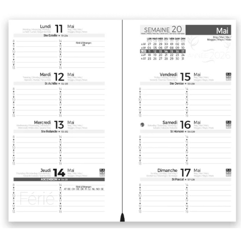 Double page intérieure d’un agenda petit format présentant la semaine de mai 2026 avec colonnes journalières et calendrier mensu