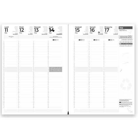 Double page intérieure d’un agenda grand format montrant la semaine de mai 2026 en colonnes horaires avec mentions de fêtes et e