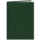Agenda rigide vert foncé vu de face avec marquage en relief en haut à droite et en bas de la couverture (marquage visible).