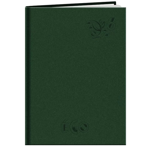 Agenda rigide vert foncé vu de face avec marquage en relief en haut à droite et en bas de la couverture (marquage visible).