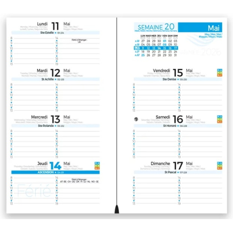 Double page intérieure d’un agenda grand format montrant la semaine de mai 2026 en colonnes horaires avec mentions de fêtes et e