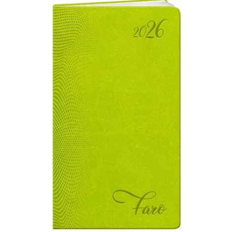 Agenda vert clair en format vertical avec marquage en relief en haut à droite et en bas de la couverture (marquage visible).