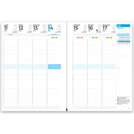 Double page intérieure d’un agenda petit format affichant la semaine de mai 2026 avec colonnes journalières et calendrier mensue